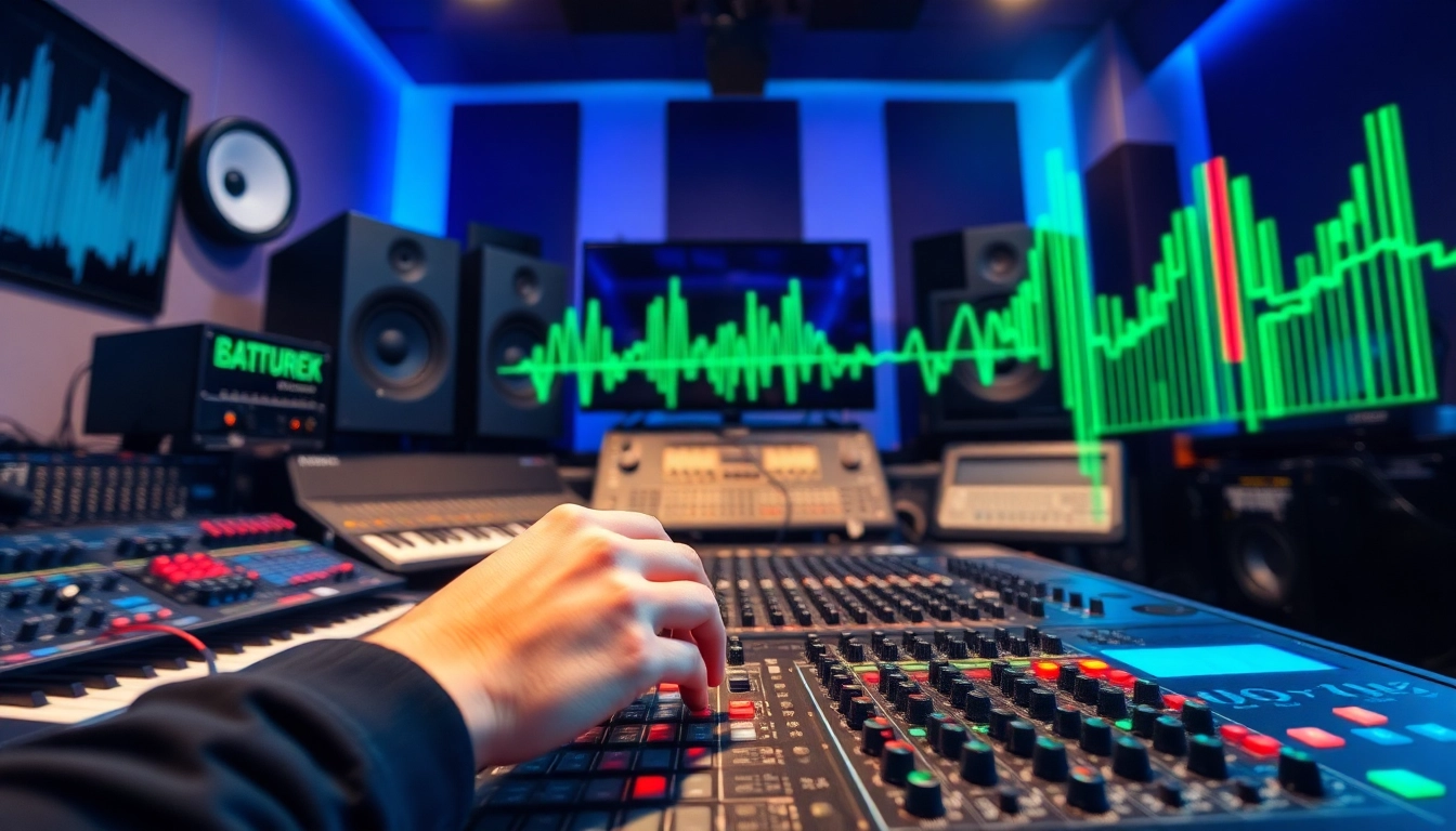 Crafting Bass one shot samples amidst studio gear and colorful soundwave visuals.