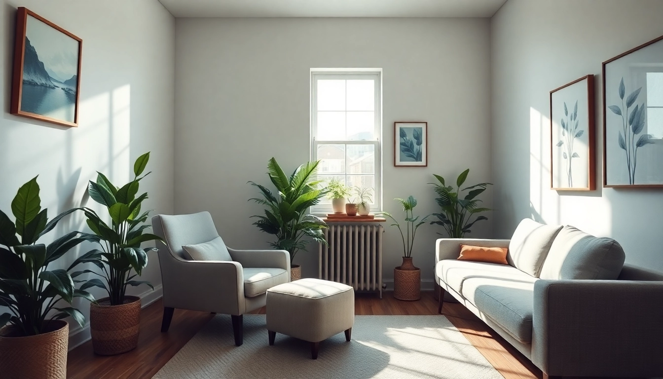 Healing trauma in a cozy therapist's office with warm lighting and calming decor.