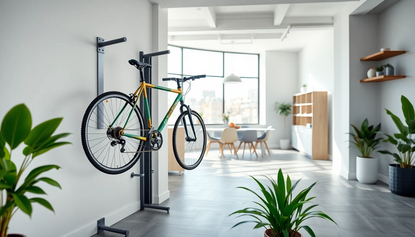 Organized urban bike storage showcasing a stylish bike mounted on modern storage racks.