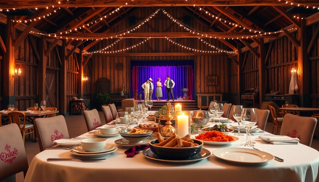 Experience the unique charm of a barn dinner theater with warm lighting and inviting decor.