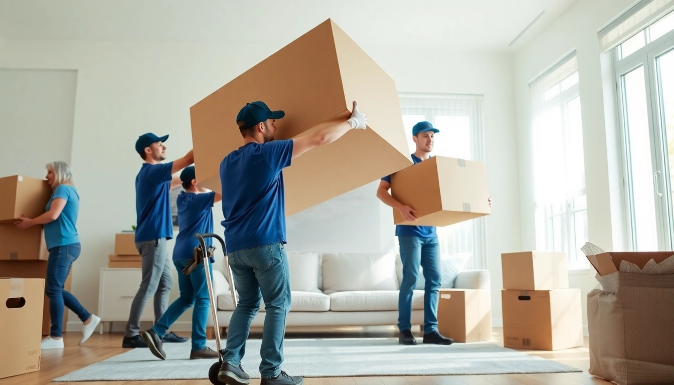 Brooklyn movers expertly handling moving boxes and furniture in a bright living room.