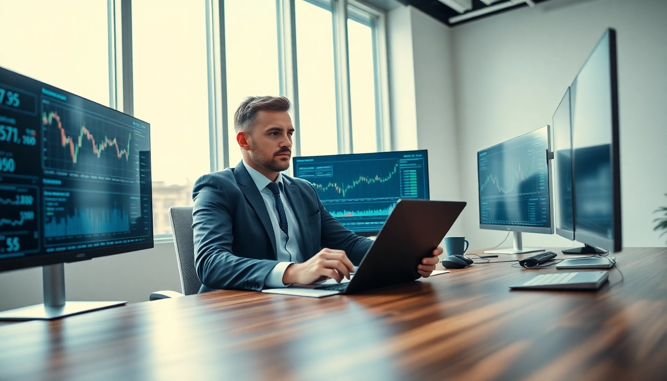Illustration of digital investment analysis with advanced technology displayed on multiple screens.