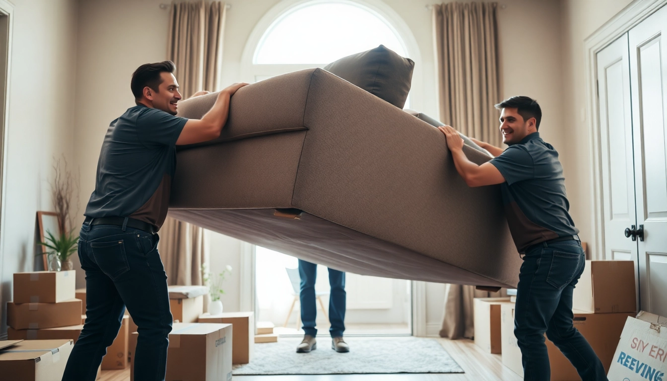 Movers calgary efficiently lift a sofa during a residential relocation, showcasing professionalism.