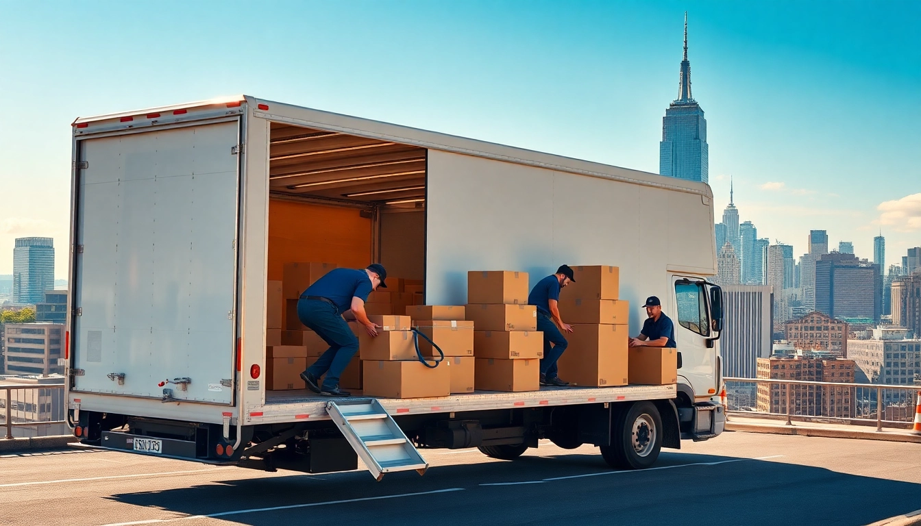 Movers from a Manhattan moving company efficiently loading boxes into a truck in NYC.